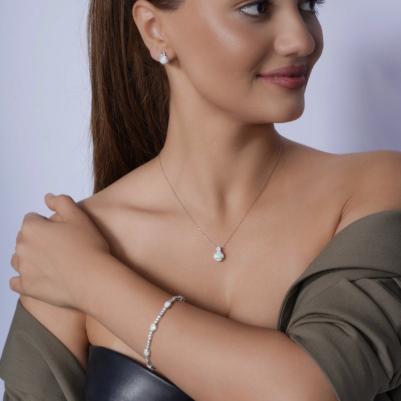 Rhodium Plated 925 Sterling Silver Round Synthetic Opal  Halo Set with CZ - BGS00596