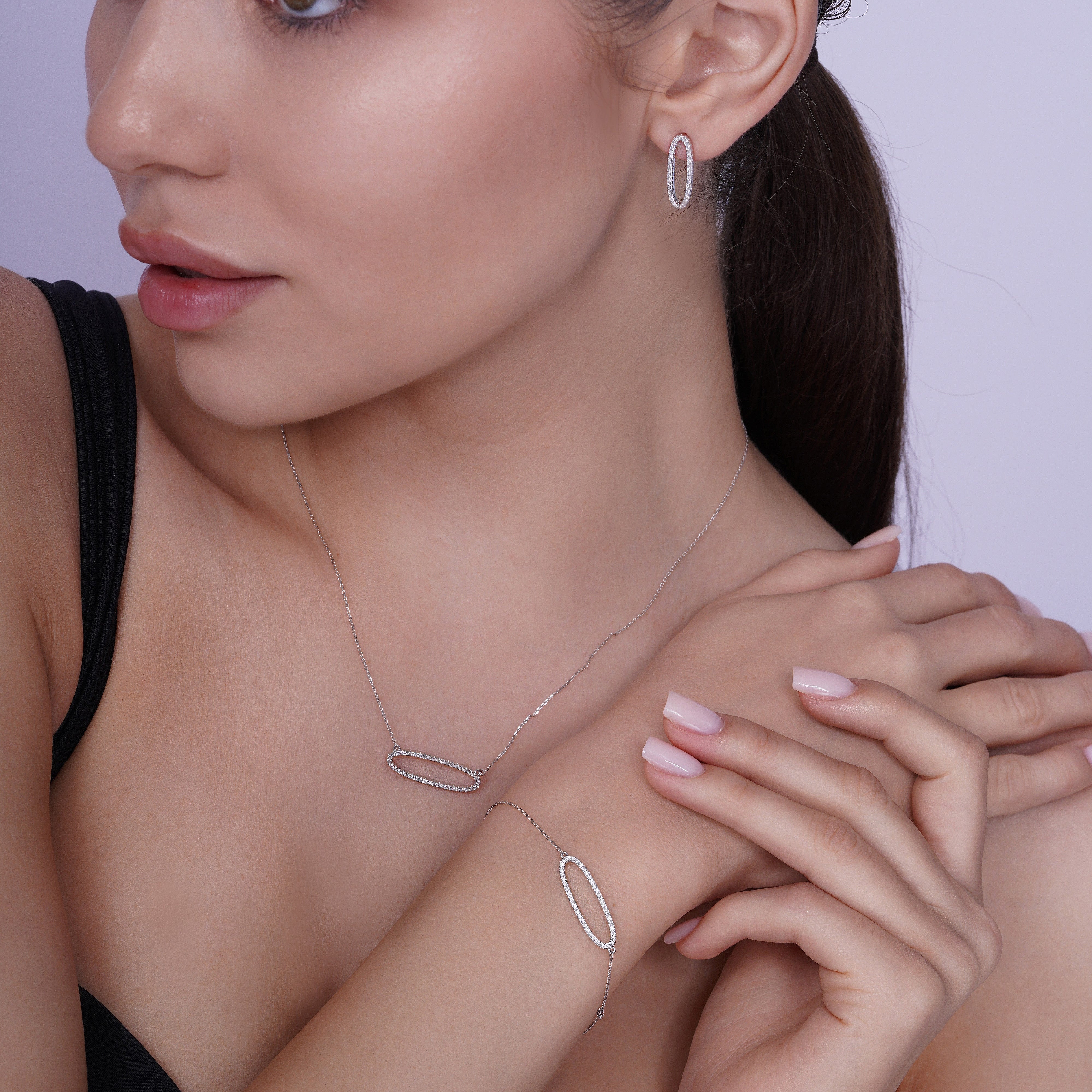 Rhodium Plated 925 Sterling Silver Open Oval CZ Set - BGS00600