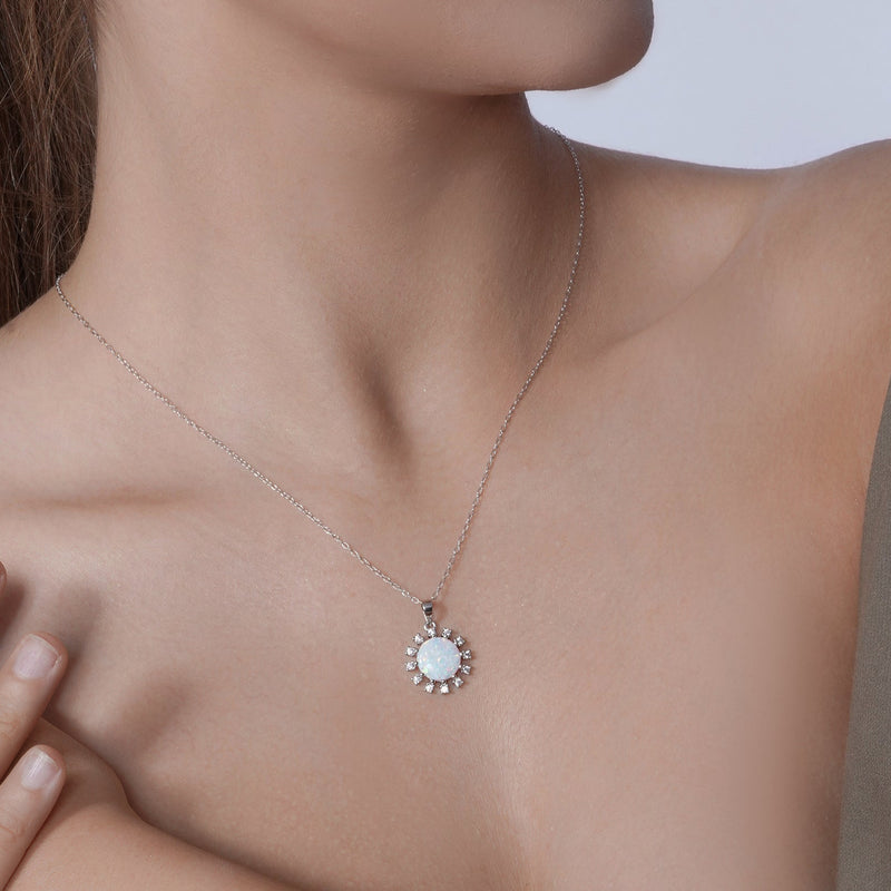 Rhodium Plated 925 Sterling Silver Flower Synthetic Opal Halo Set with CZ - BGS00602
