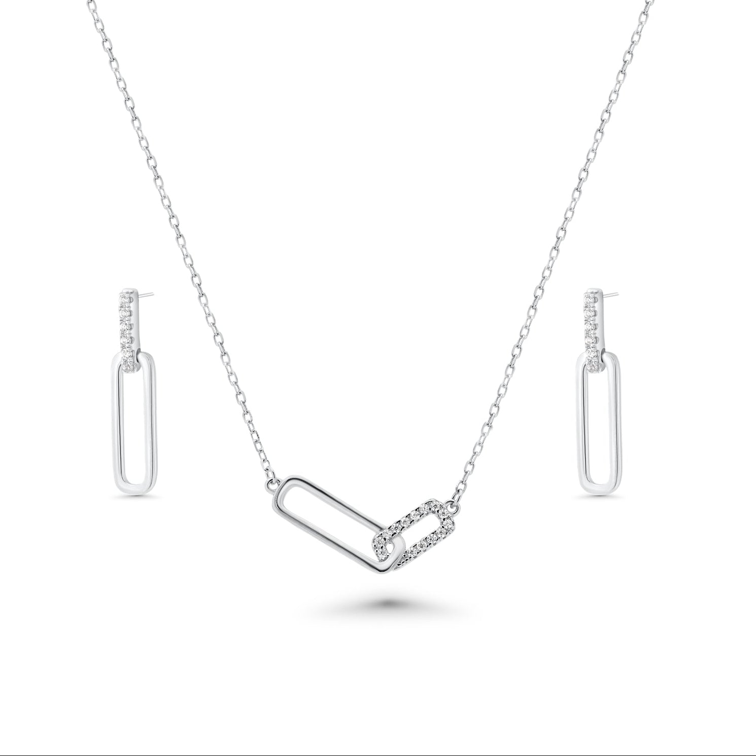 Rhodium Plated 925 Sterling Silver Bar Necklace and Earring Set with Clear CZ Stones- BGS00606