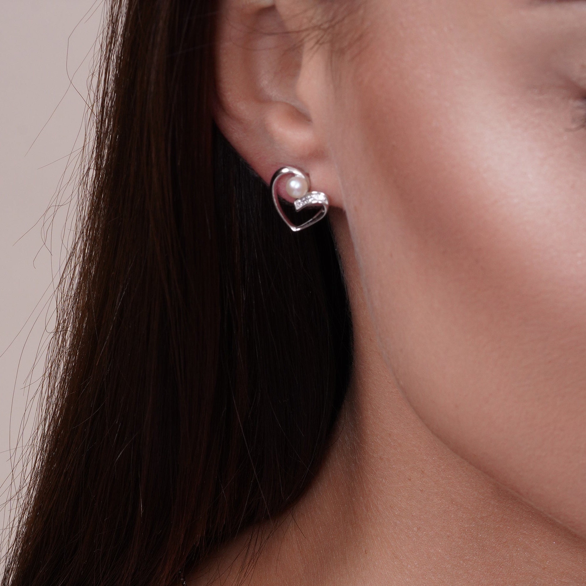 Rhodium Plated 925 Sterling Silver Open Heart Pearl Earring and Pendant Set - BGS00614