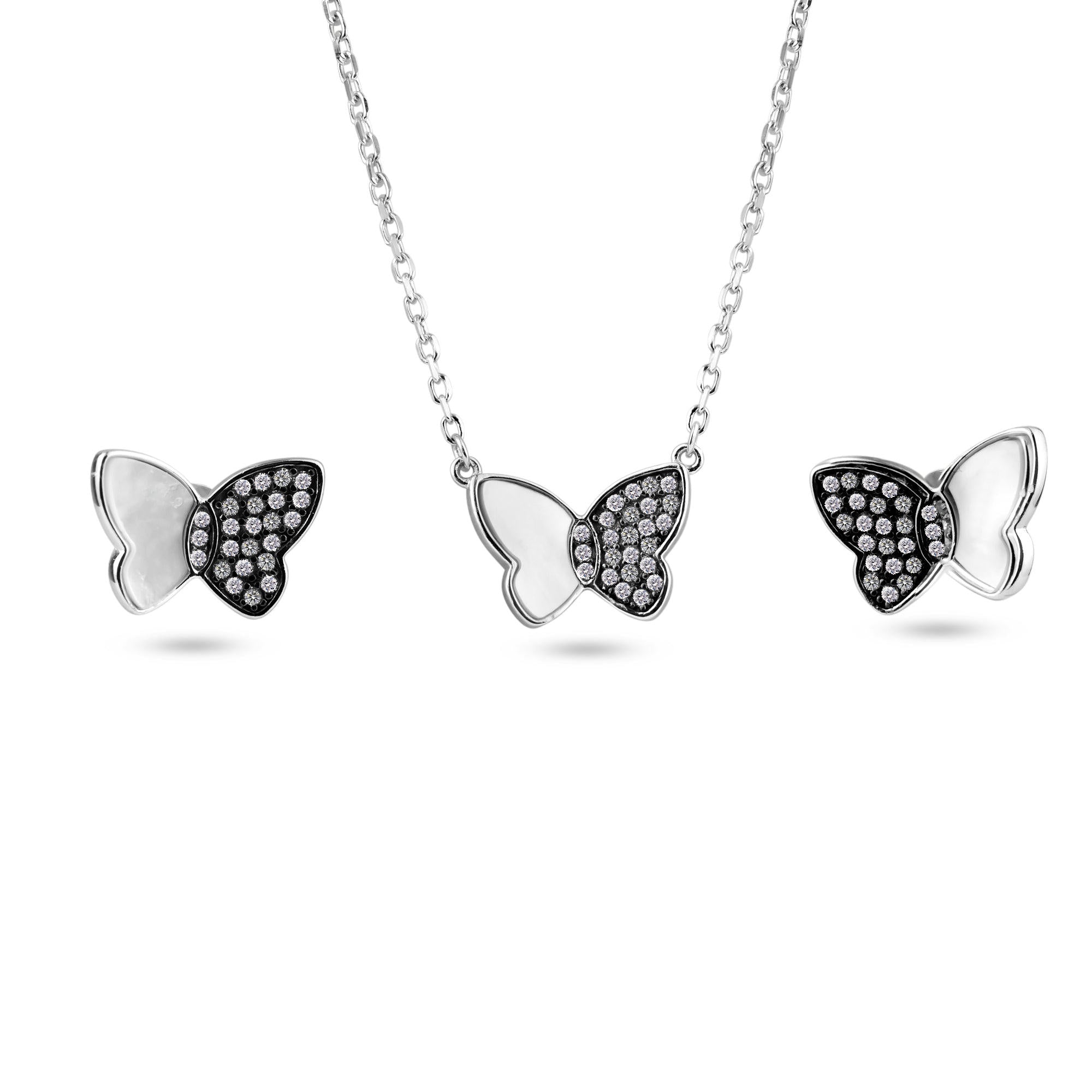 Conjunto de pendientes y colgante de mariposa de plata de ley 925 rodiada con circonitas transparentes y nácar - BGS00623