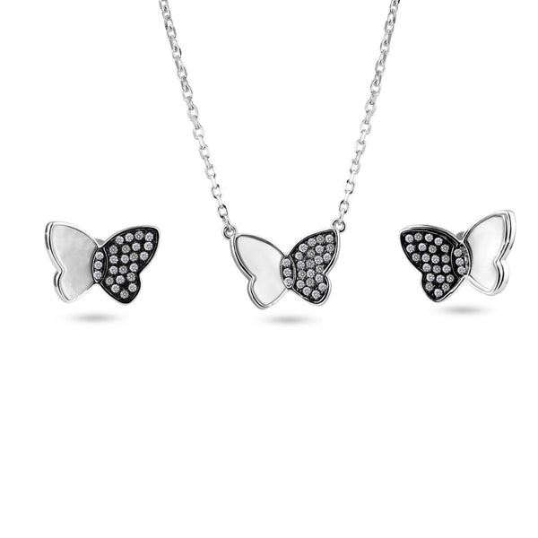 925 Sterling Silver Rhodium Butterfly Clear CZ and Mother of Pearl Earring and Pendant Set - BGS00623