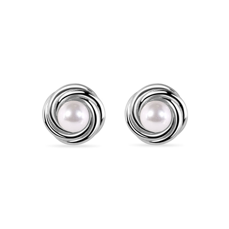 Rhodium Plated 925 Sterling Silver Round Swirl Design Syntethic Mother of Pearl Necklace and Stud Earring Matching Set  - BGS00628