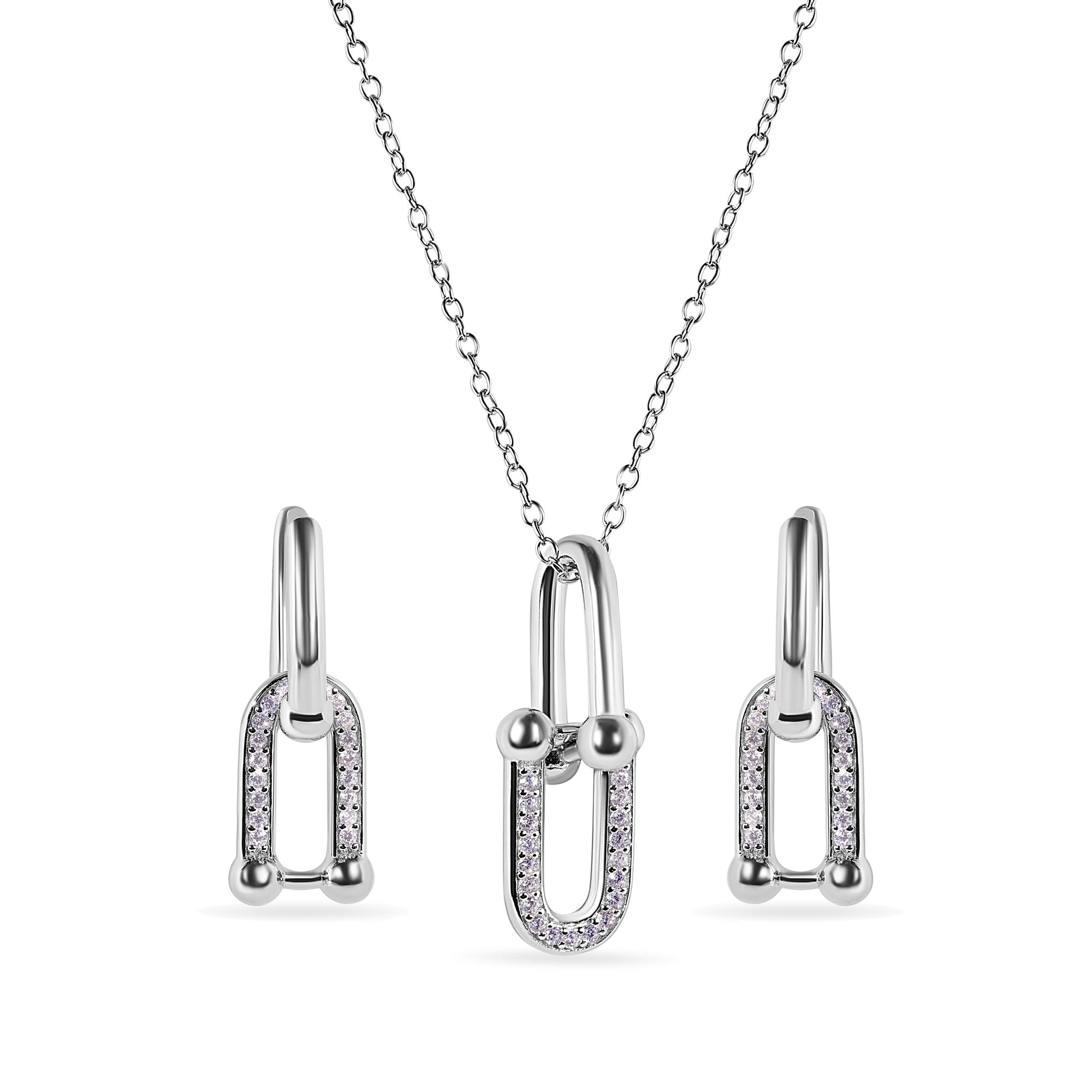 Conjunto de collar y aros de plata de ley 925 rodiada con clip de papel y lazo redondo con circonitas transparentes - BGS00629