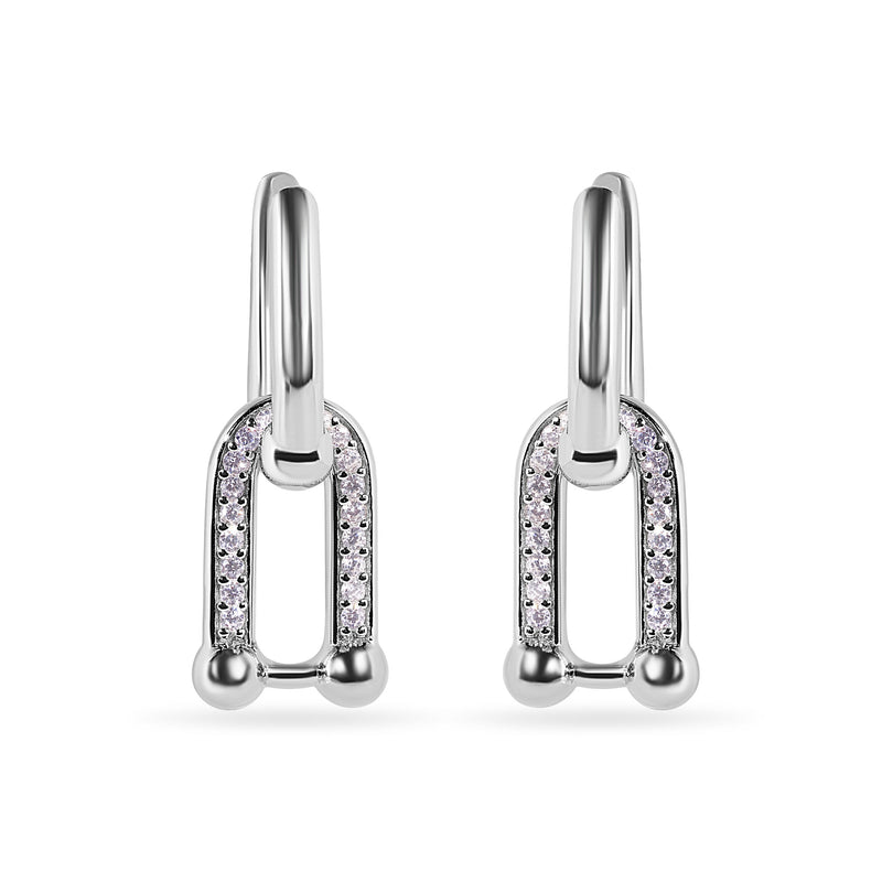 Rhodium Plated 925 Sterling Silver Round Bow Paperclip Clear CZ Necklace and Hoop Earring Matching Set  - BGS00629