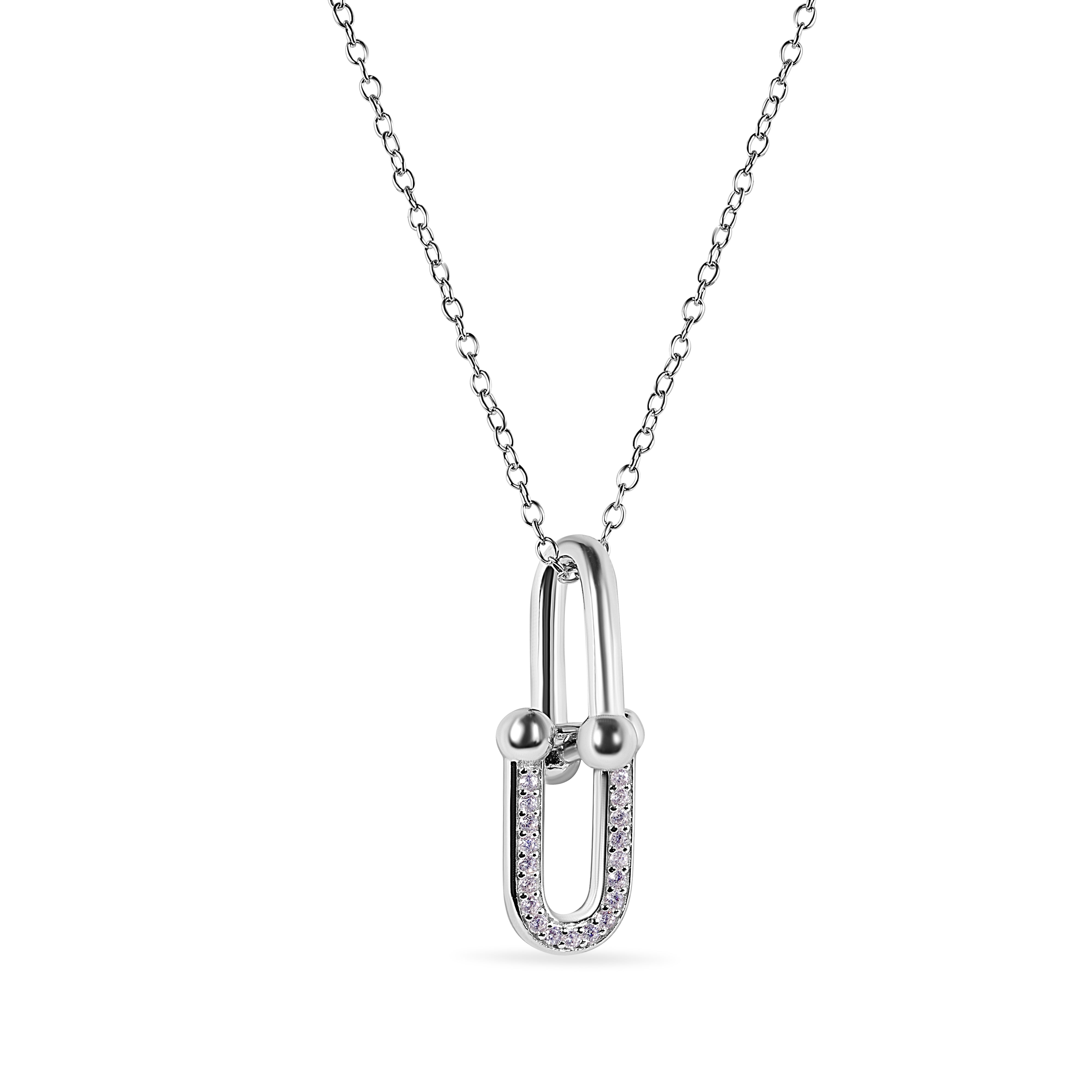 Conjunto de collar y aros de plata de ley 925 rodiada con clip de papel y lazo redondo con circonitas transparentes - BGS00629