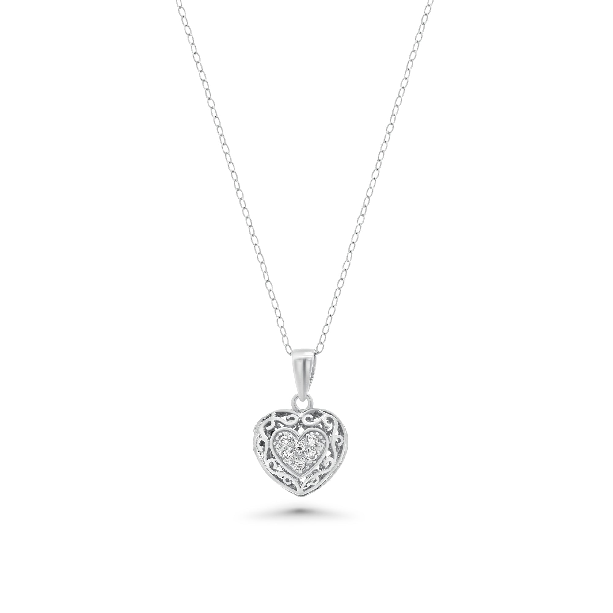 Silver 925 Clear CZ Rhodium Plated Heart Locket Pendant Necklace - BGP00061