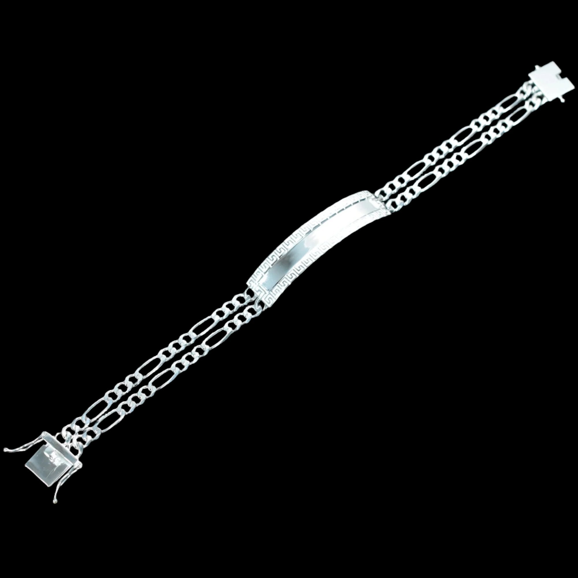 925 Sterling Silver Two Strand Figaro 9.2mm Greek Key ID Bracelet
