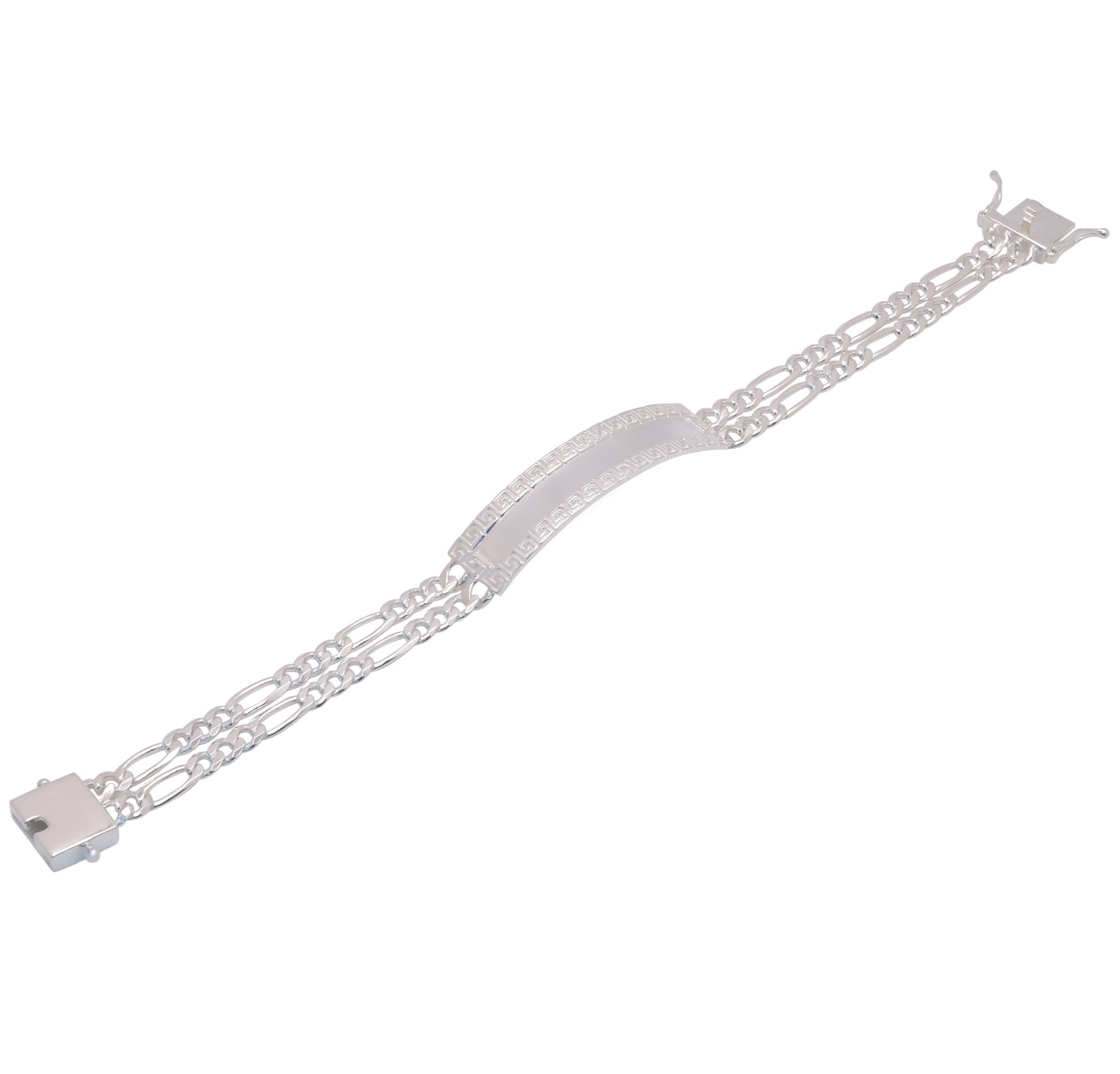 925 Sterling Silver Two Strand Figaro 9.2mm Greek Key ID Bracelet