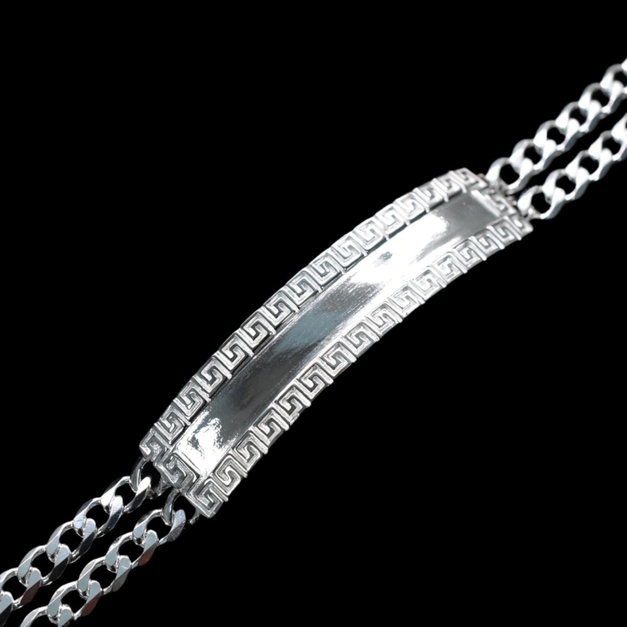 925 Sterling Silver Two Strand Curb 9.2mm Greek Key ID Bracelet