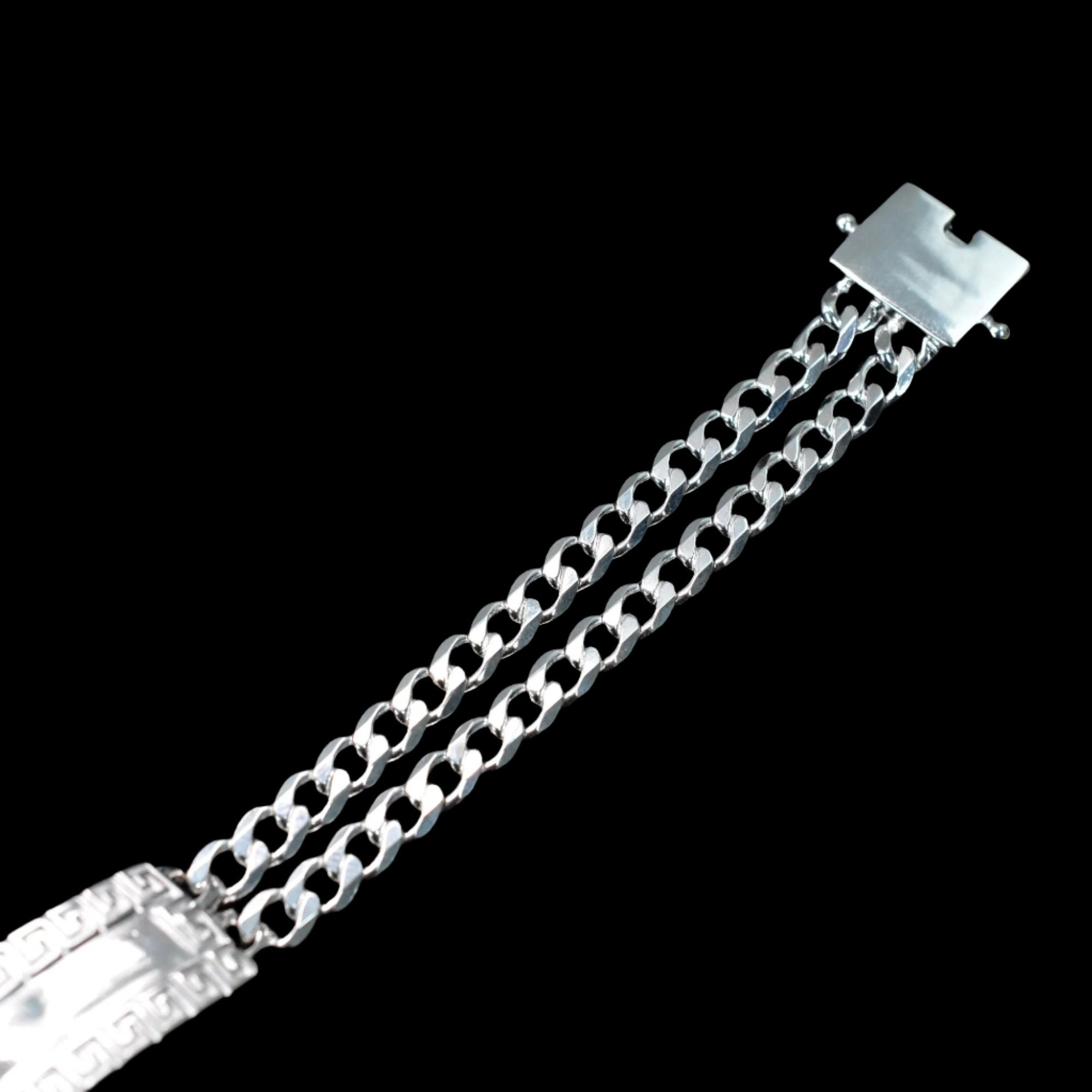 925 Sterling Silver Two Strand Curb 9.2mm Greek Key ID Bracelet