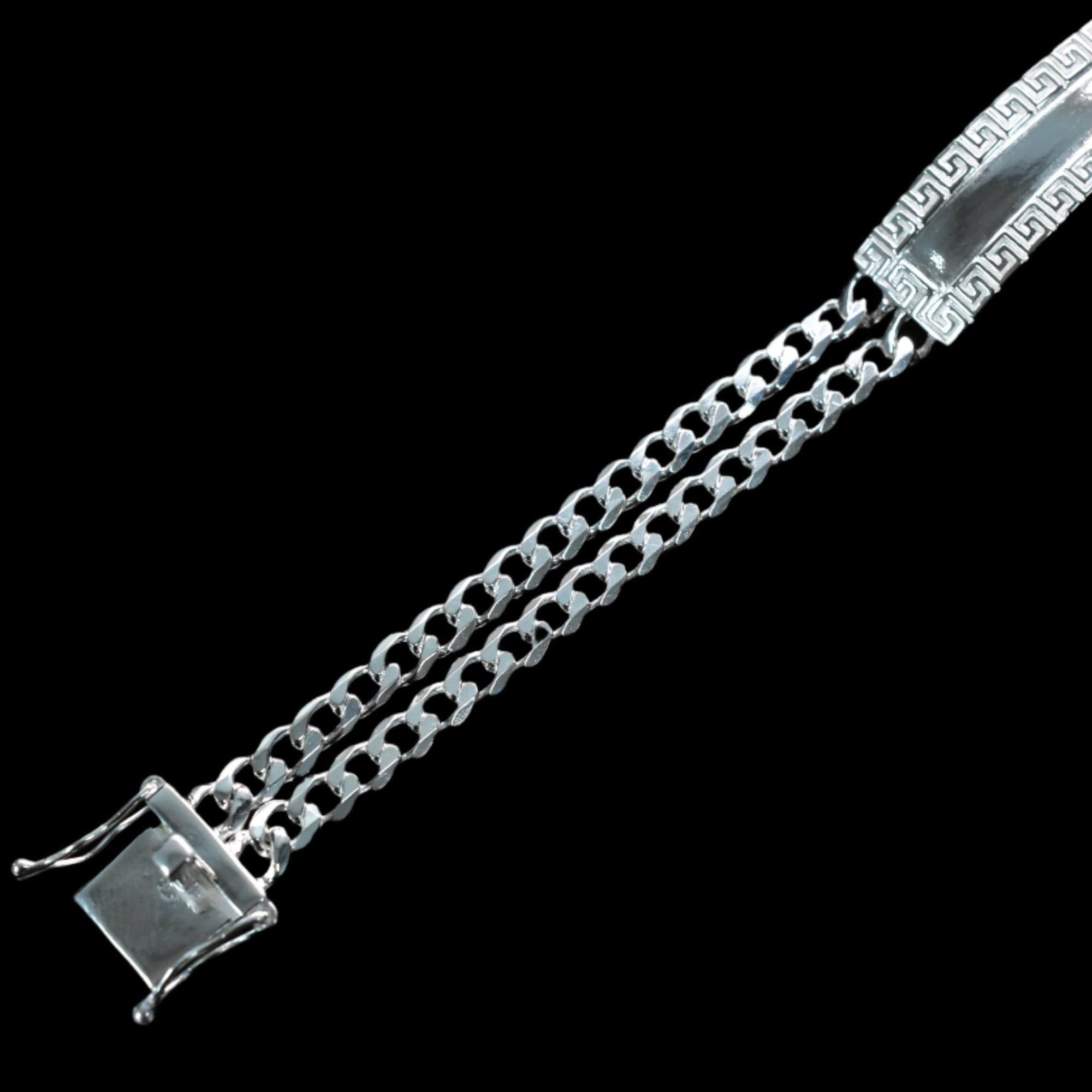925 Sterling Silver Two Strand Curb 9.2mm Greek Key ID Bracelet