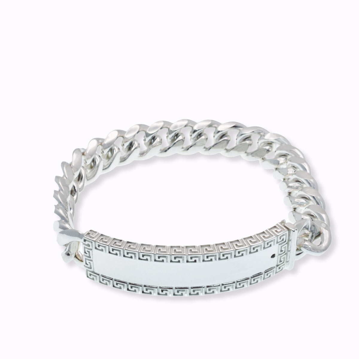 925 Sterling Silver Cuban 10.5mm Greek Key ID Bracelet