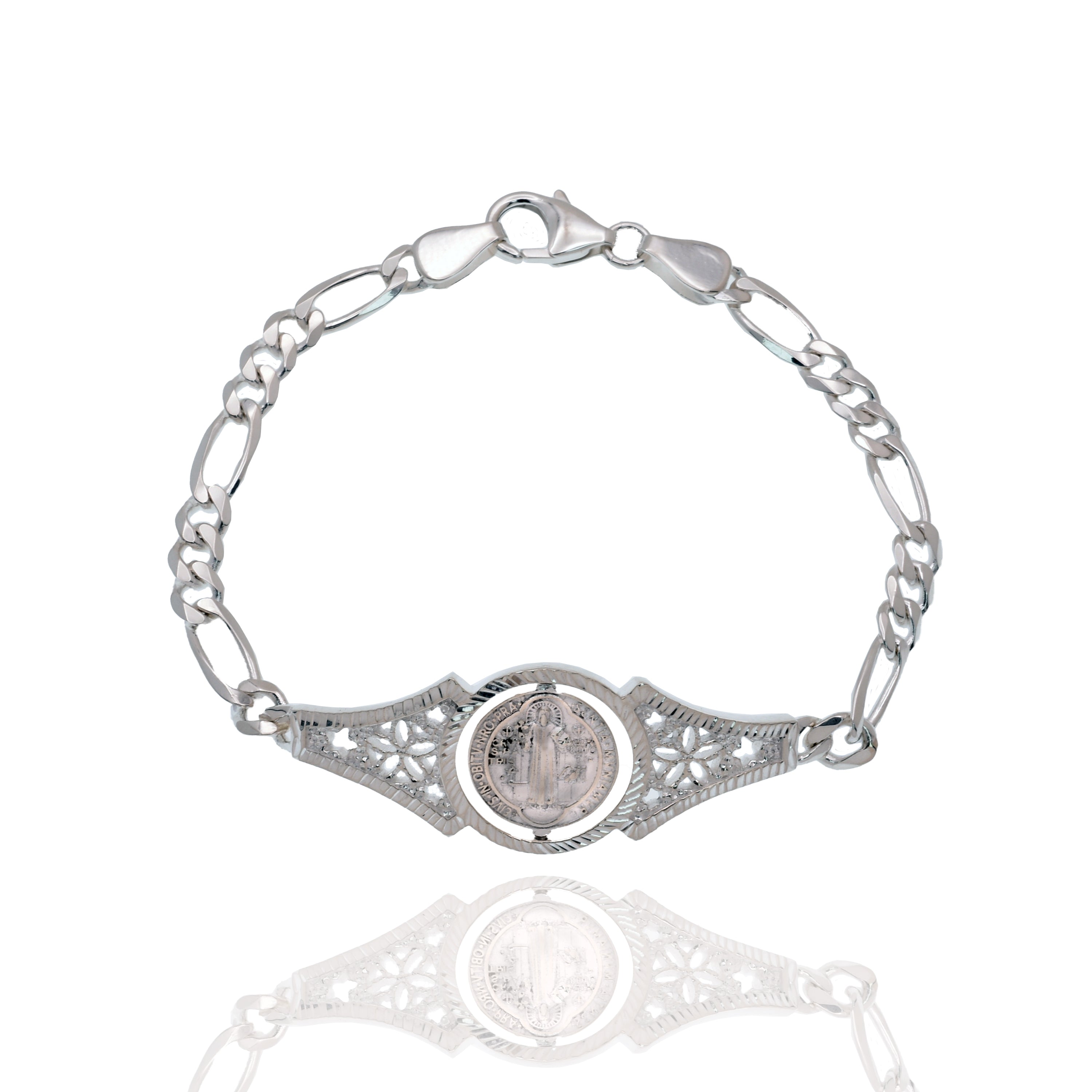 925 Sterling Silver Saint Benedict Rotating Medal Intricately Detailed Figaro Bracelet - CDIB00049