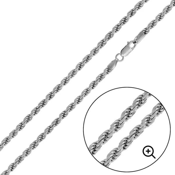 Rhodium Plated 925 Sterling Silver Rope 070 Chain 3.4mm - CH190 RH