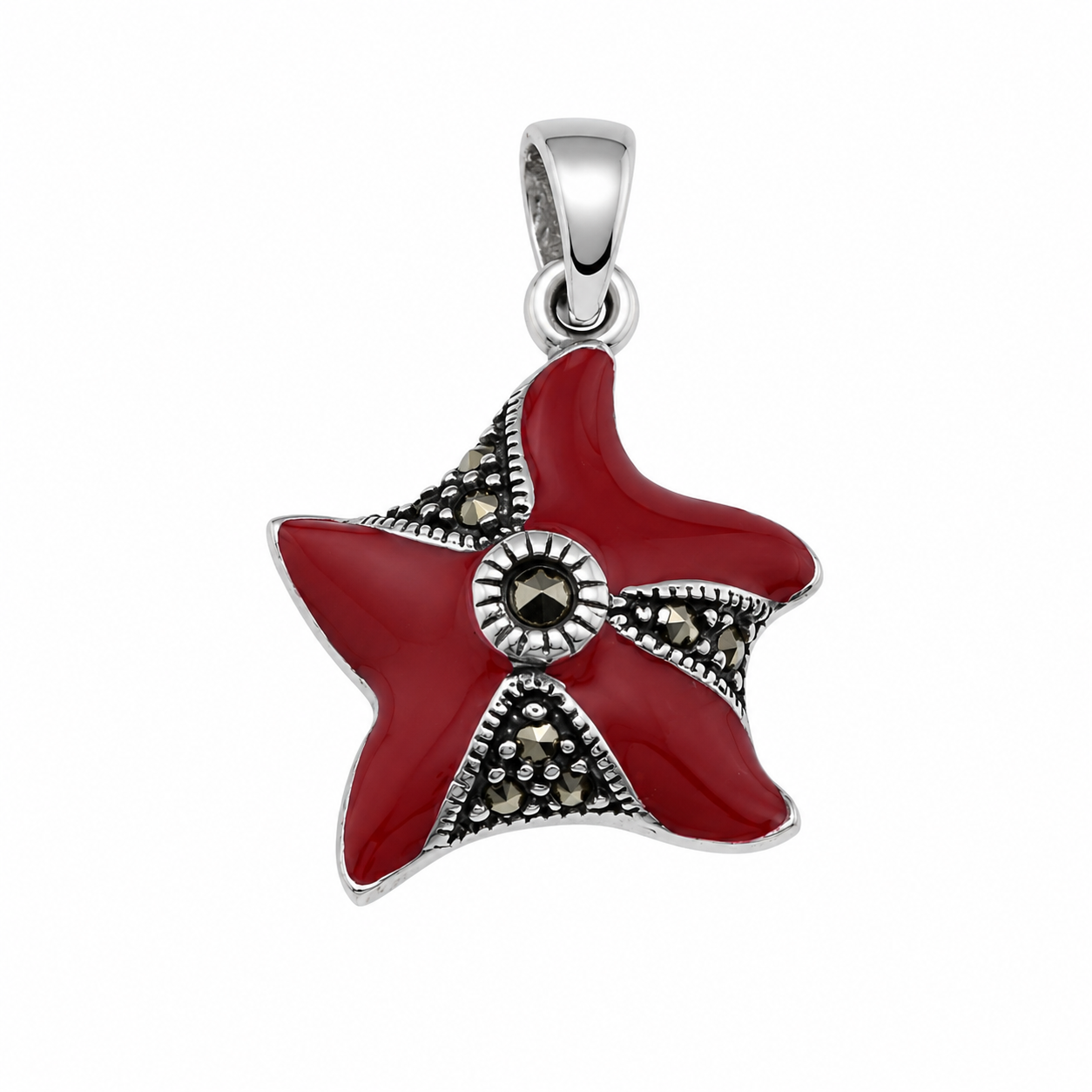925 Silver Marcasite & Red Enamel Starfish Charm Pendant- CHARM00169