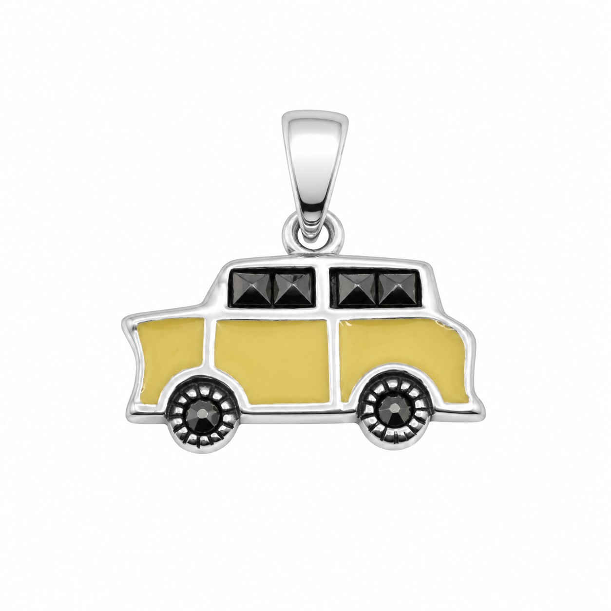 925 Silver Marcasite & Yellow Enamel Taxi Car Charm Pendant- CHARM00171