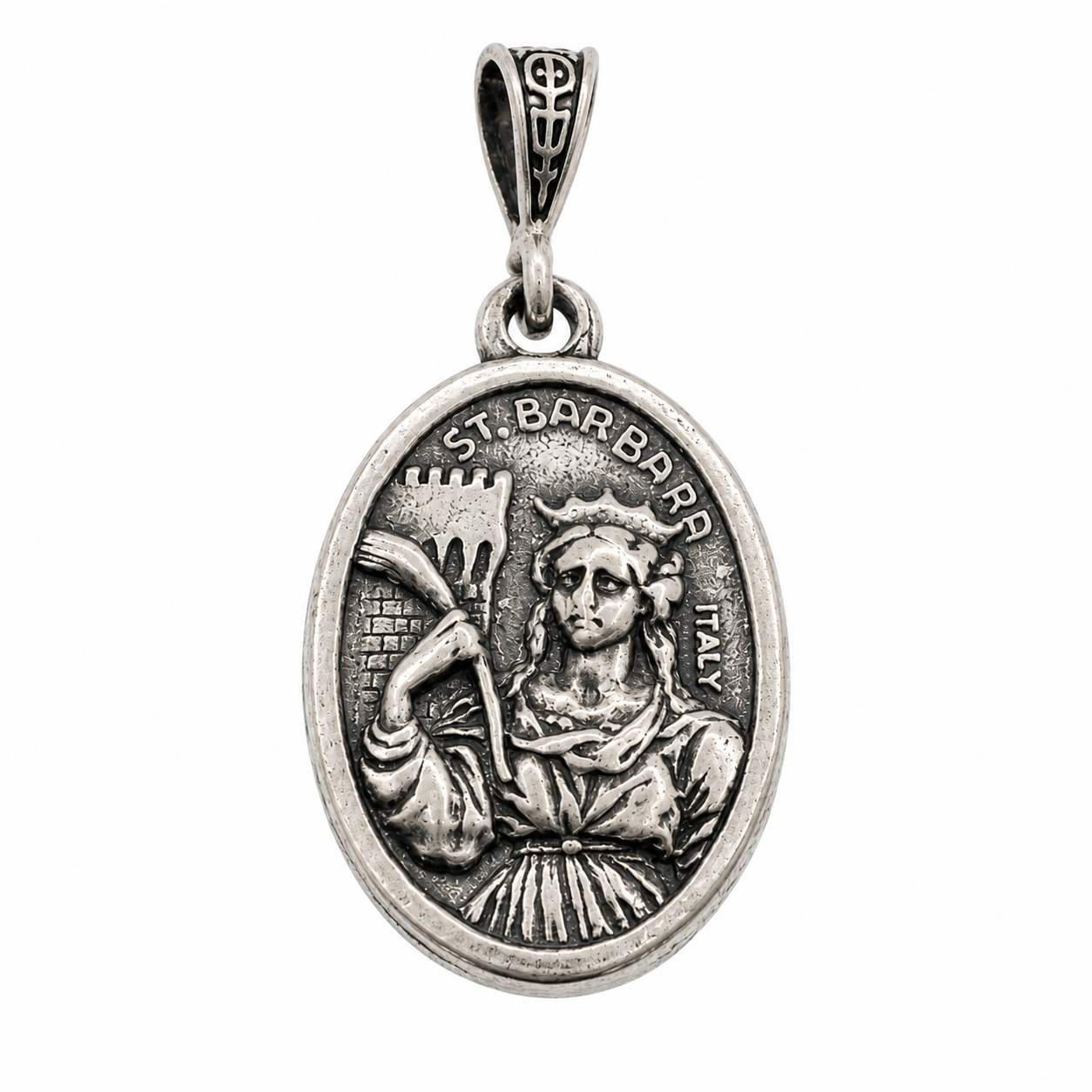 925 Silver Oxidized Oval Saint Barbara / Pray For US Charm- CHARM00179