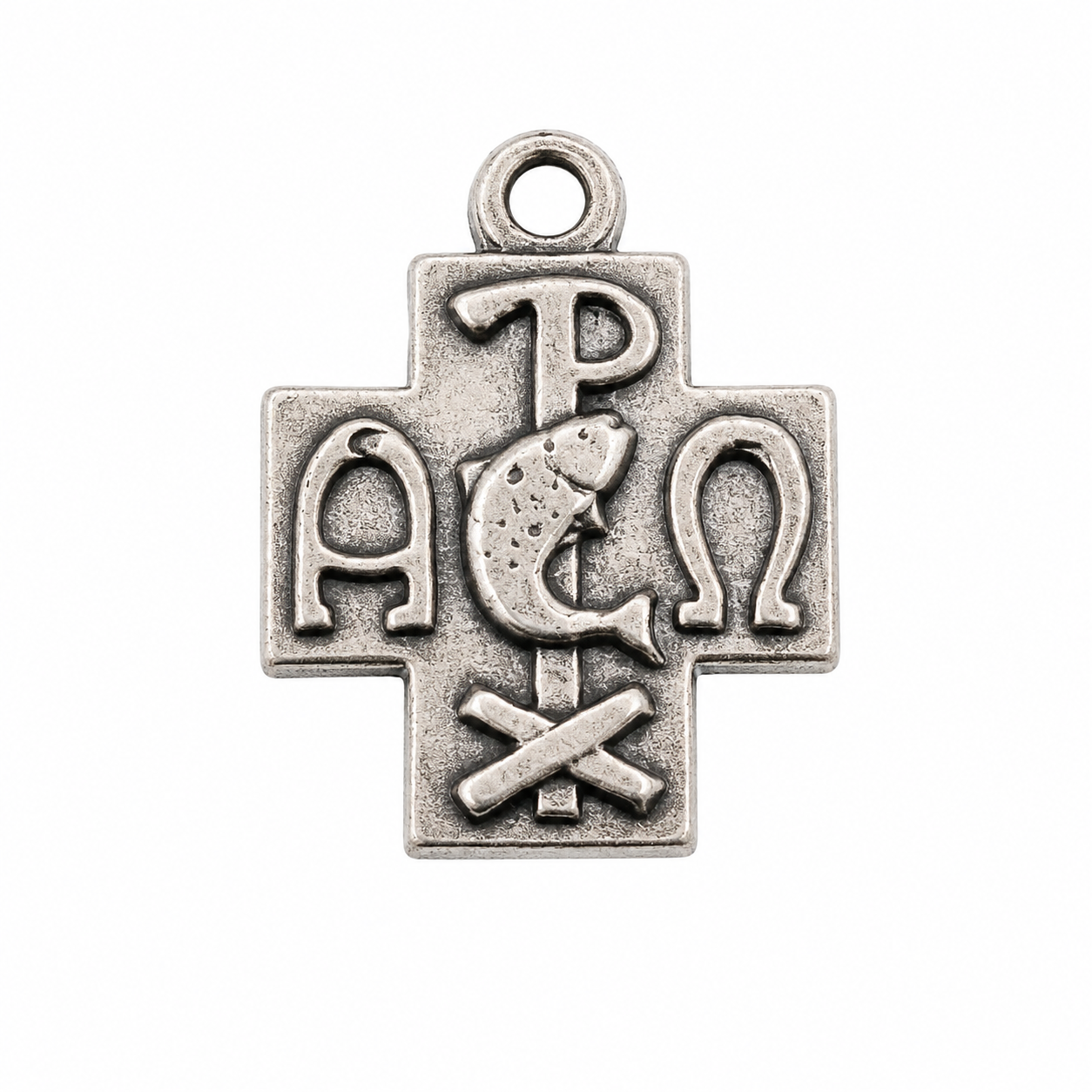 925 Sterling Silver Oxidized Alpha Omega Ichthys Christian Cross Charm- CHARM00182