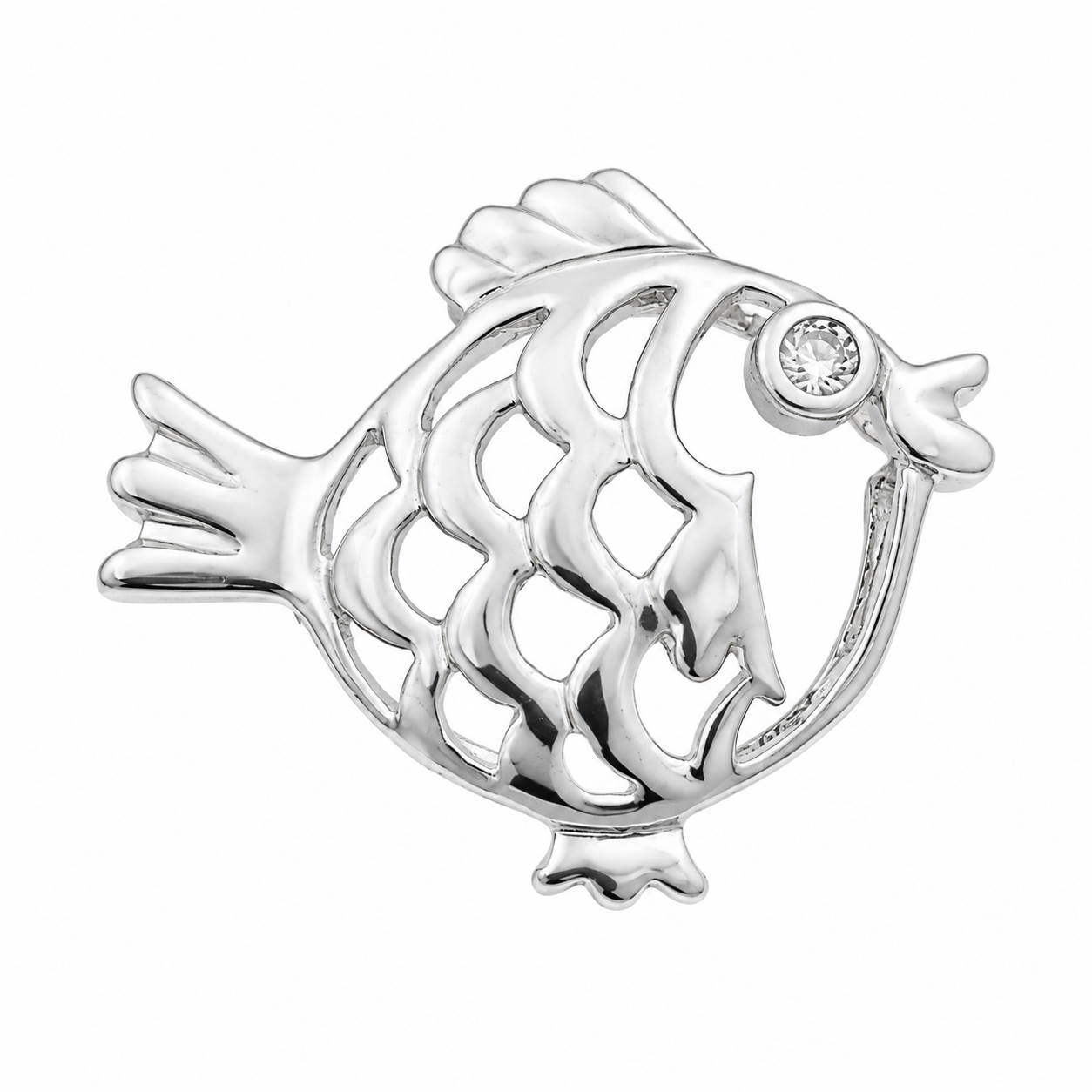 Rhodium Plated 925 Sterling Silver CZ  Fish Pendant- CHARM00205