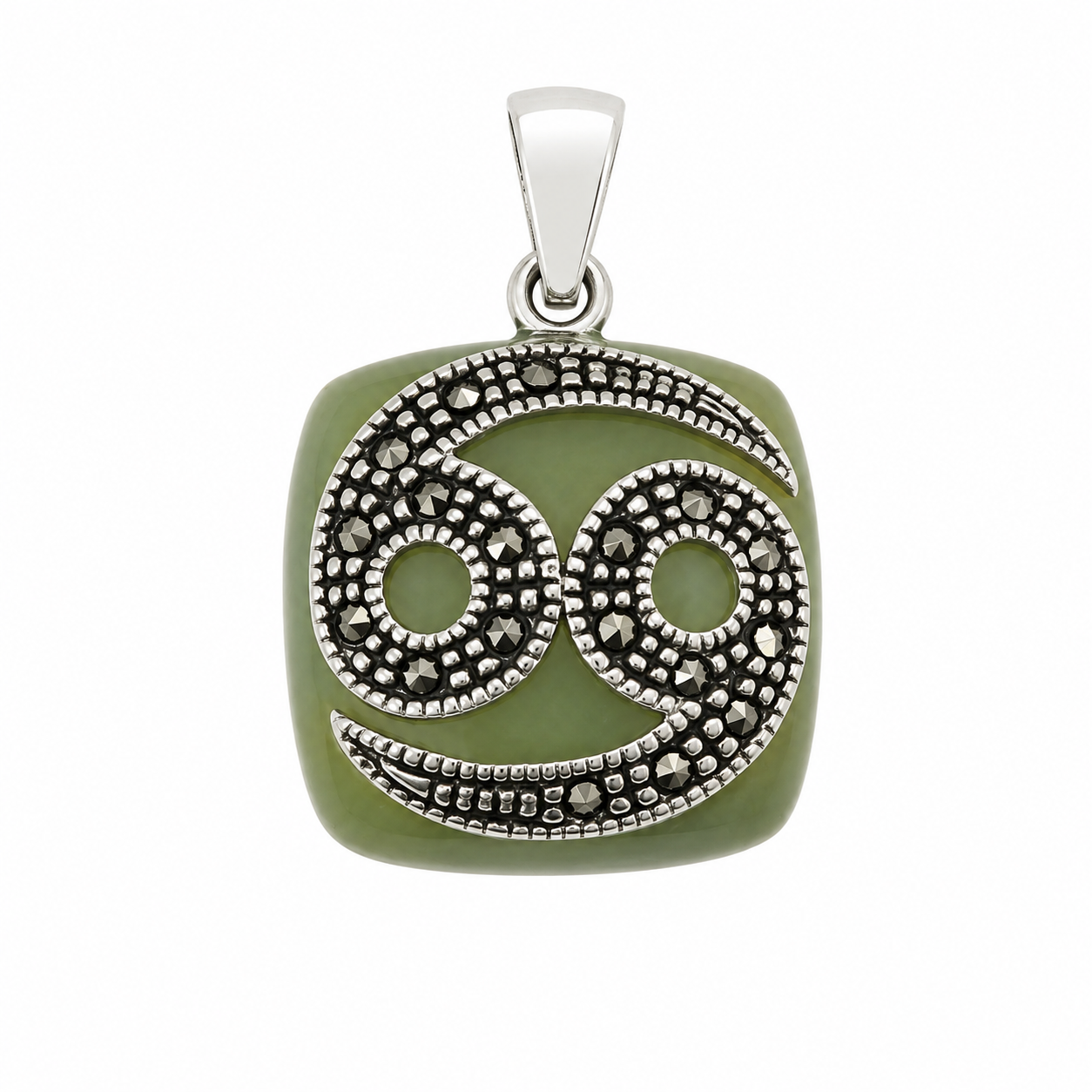 925 Sterling Silver Green Enamel & Marcasite Cancer Zodiac Symbol Pendant- CHARM00209