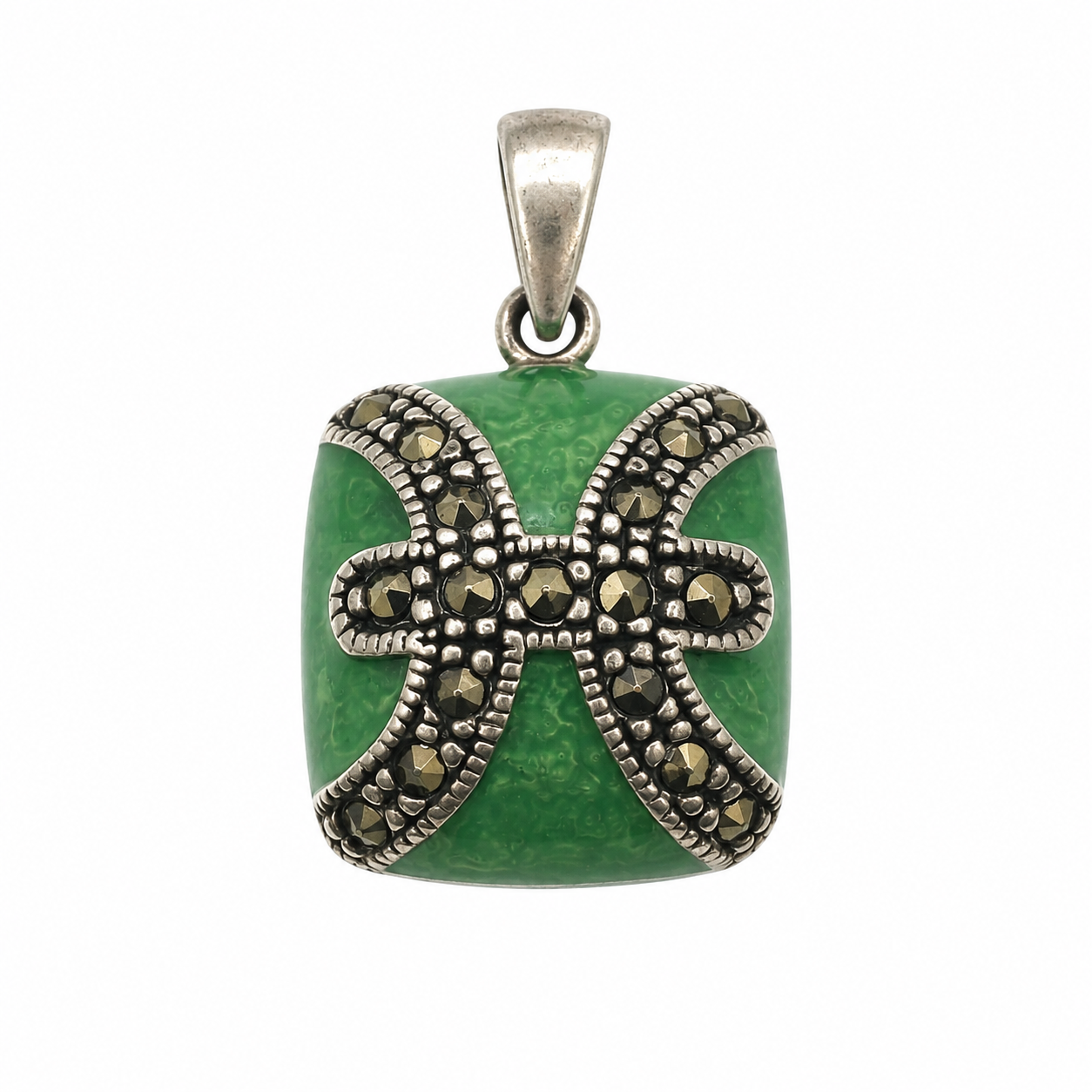 925 Sterling Silver Green Enamel & Marcasite Pieces Zodiac Symbol Pendant- CHARM00210