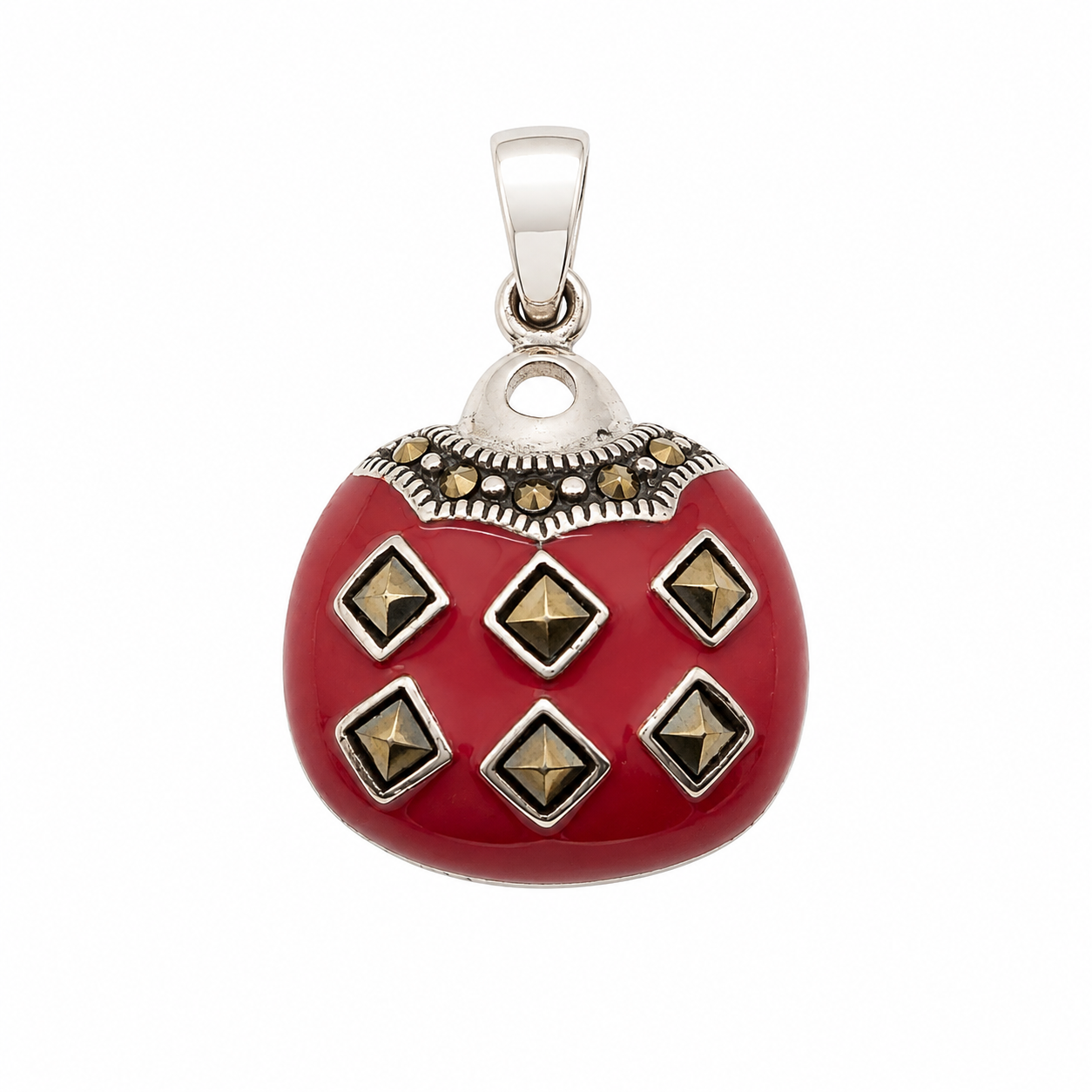925 Sterling Silver Red Enamel & Marcasite Purse Pendant- CHARM00211