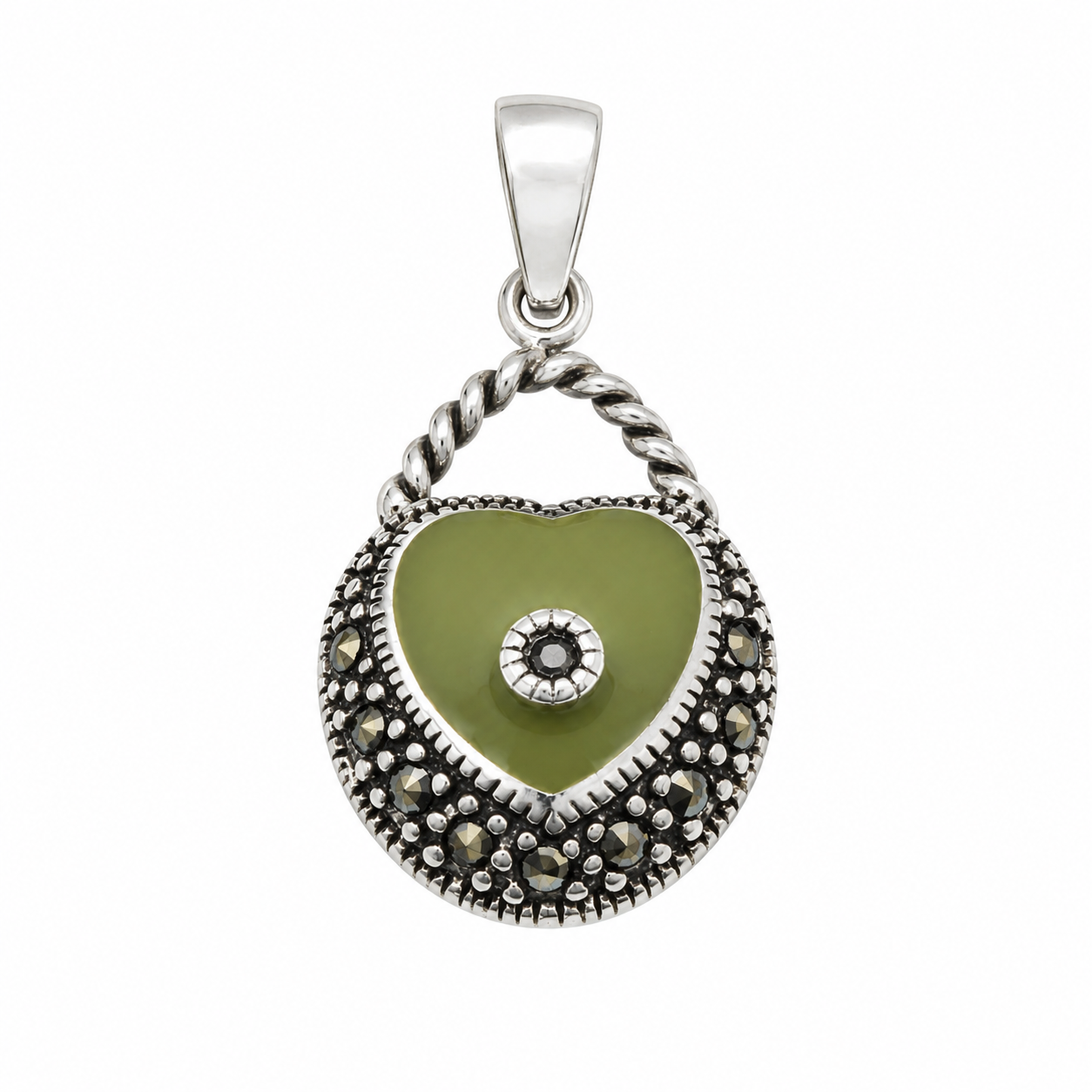 925 Sterling Silver Green Enamel & Marcasite Heart Detail Purse Pendant- CHARM00214
