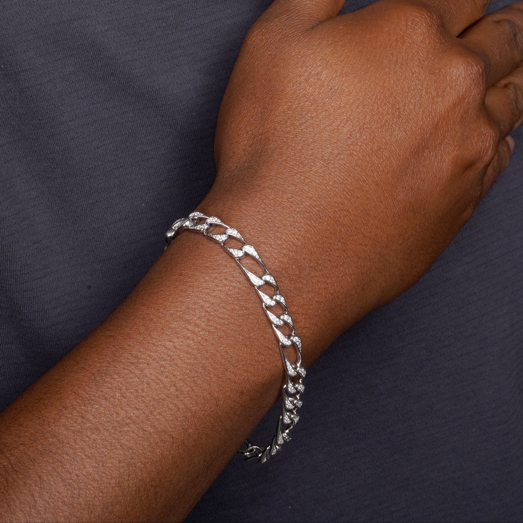 Rhodium Plated 925 Sterling Silver CZ Encrusted Figaro Chains 8.2mm - CHCZ112 RH