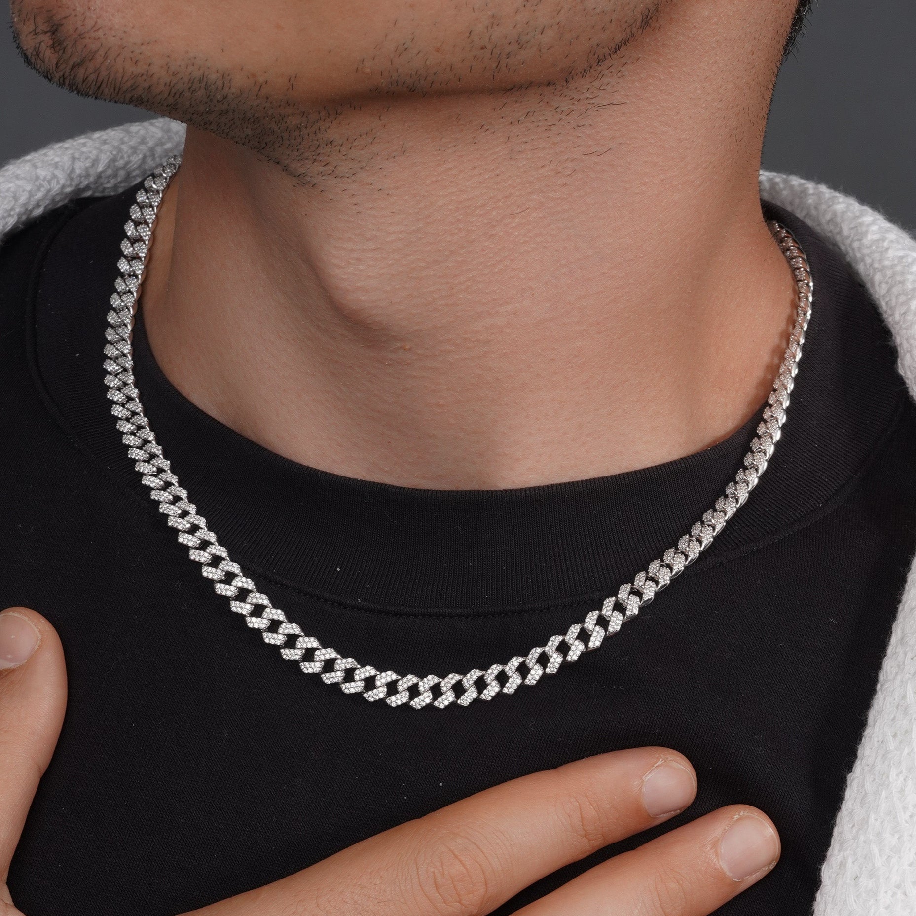 Rhodium Plated 925 Sterling Silver CZ Encrusted Curb Chains 7.2mm