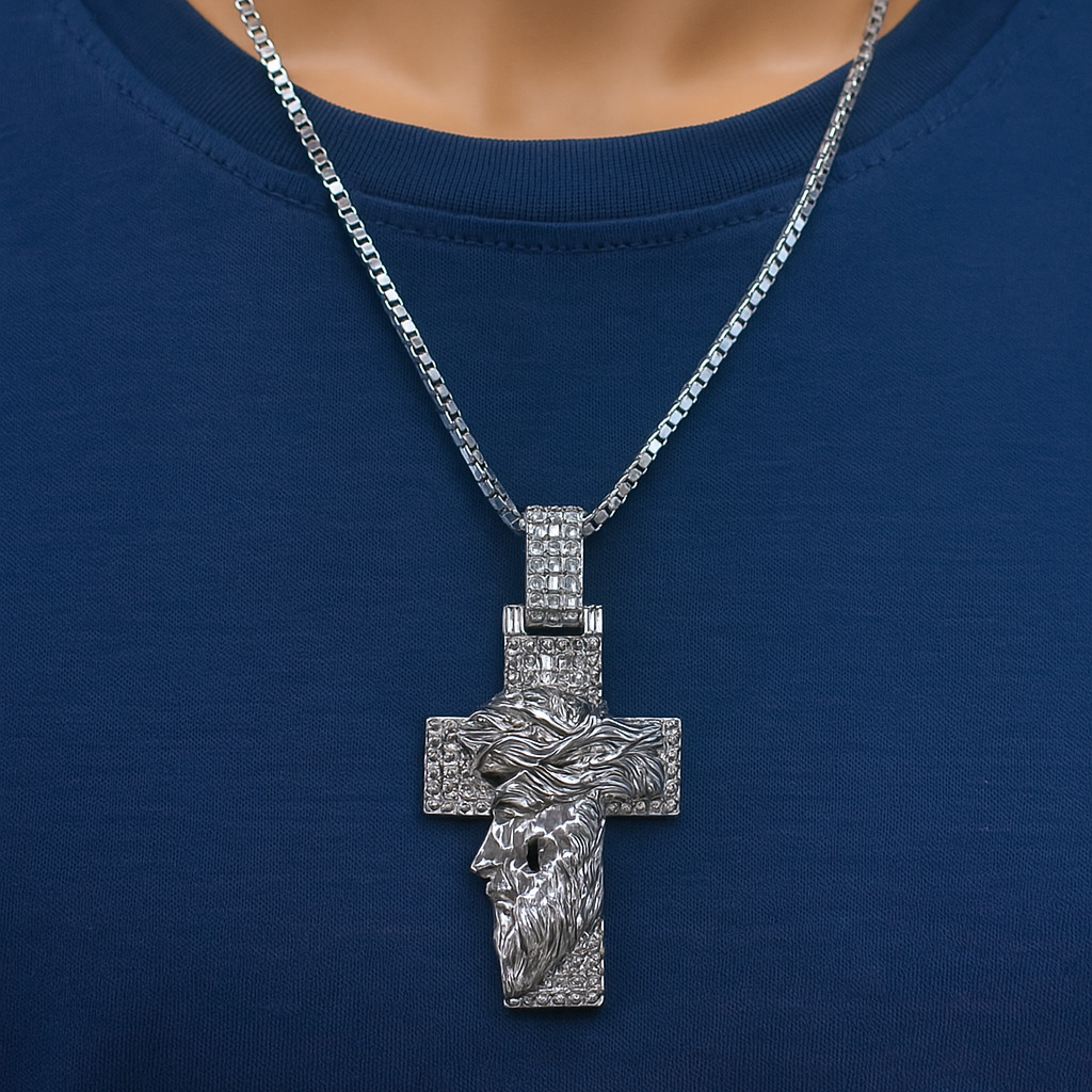 Rhodium Plated 925 Sterling Silver Jesus Christ Cross Baguette CZ Studded 38mm x 60mm Pendant - GMP00201