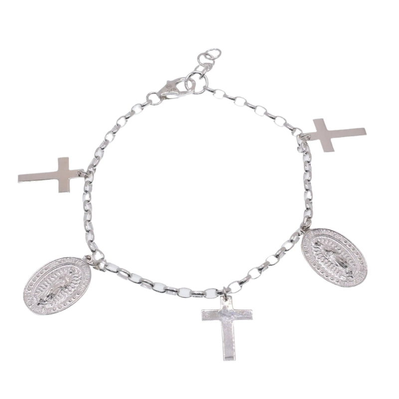 High Polished 925 Sterling Silver Guadalupe and Cross Adjustable Bracelet - DIB00081