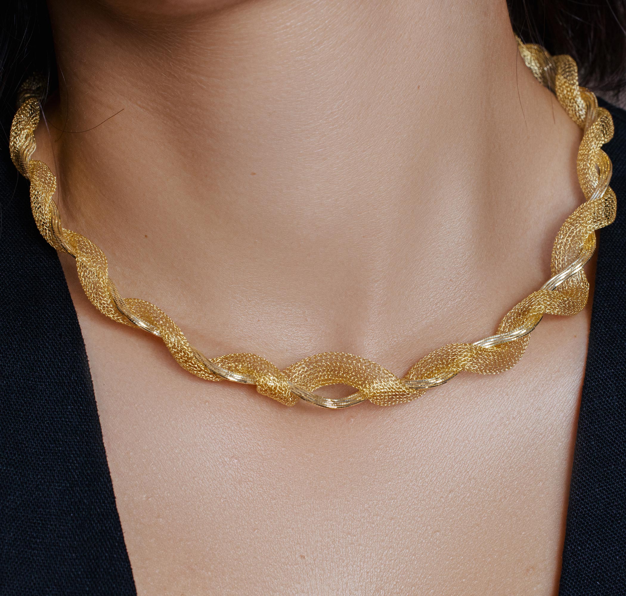 Collar De Malla Retorcida Chapada En Oro De Plata De Ley - DIN00015GP