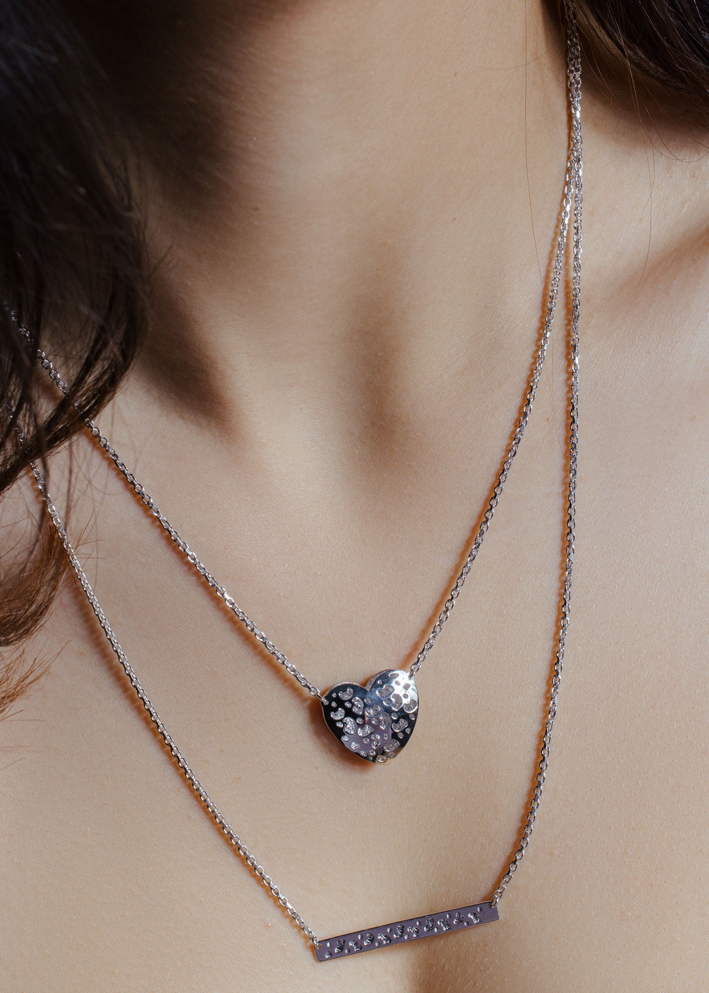 Silver 925 Rhodium Plated Double Chain Heart and Bar Necklace