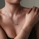 Rhodium Plated 925 Sterling Silver Double Chain Heart and "Mom" Pendant Necklace - DIN00053RH