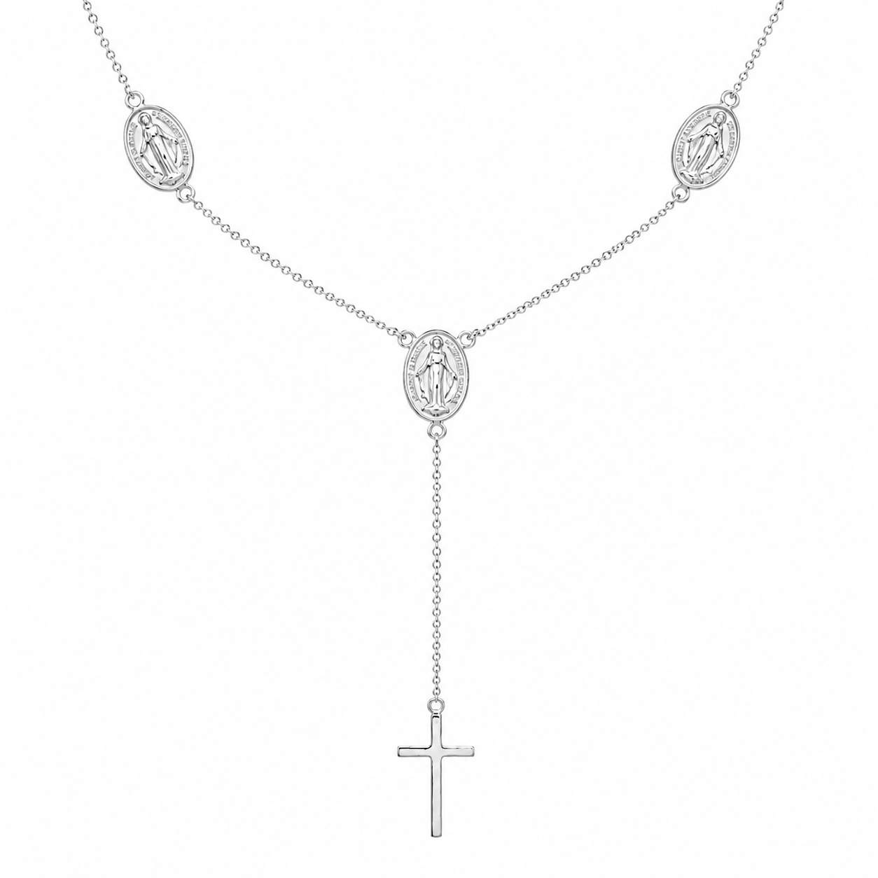 Collar con dijes religiosos de plata de ley 925 rodiada y cruz - DIN00066RH