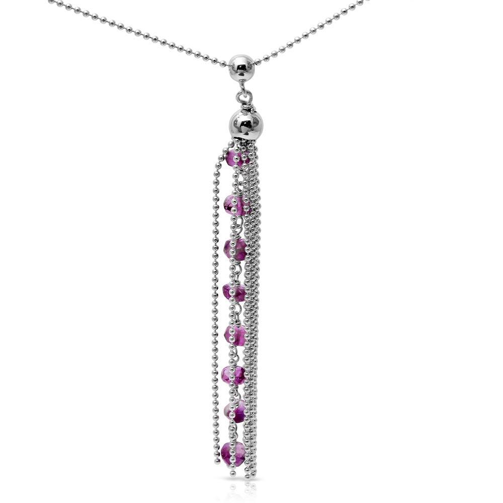 Rhodium Plated 925 Sterling Silver Colored Beaded Birthstone Tassle Necklace - DIN00068