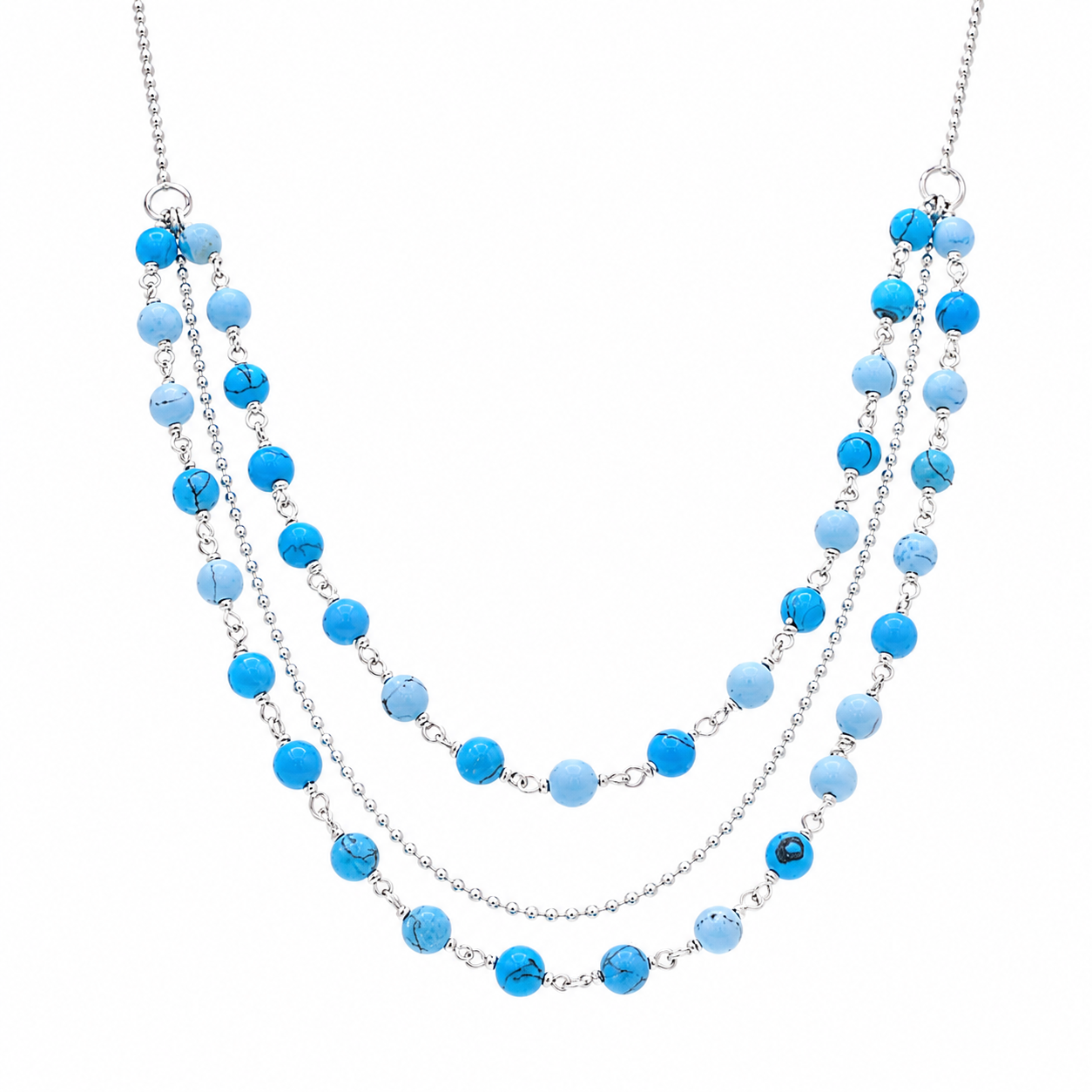 Plated 925 Sterling Silver Triple Strand Turquoise Bead Necklace - DIN00071RH | DIN00071GP