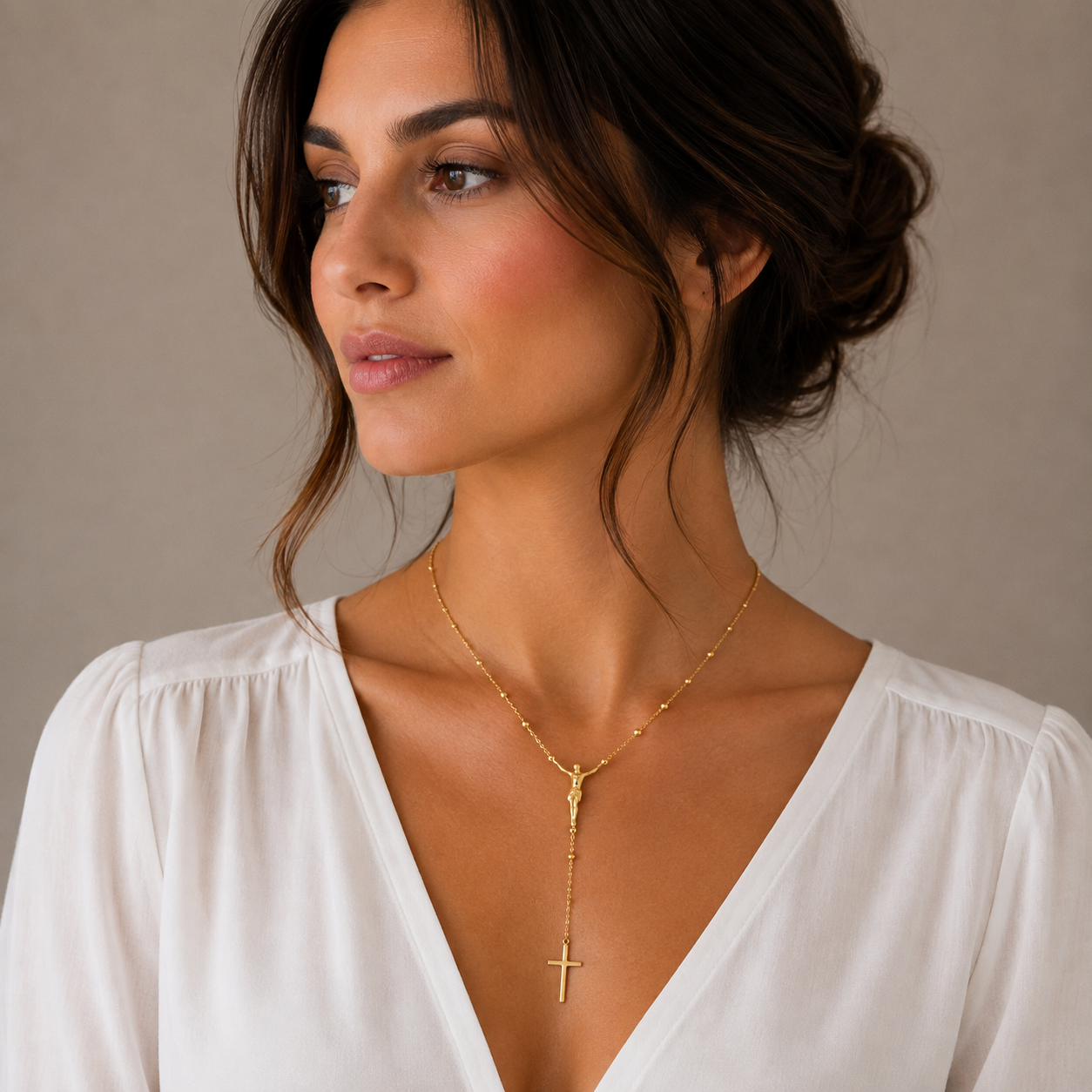 Plated 925 Sterling Silver Crucifix Rosary Necklace - DIN00094GP | DIN00094RH