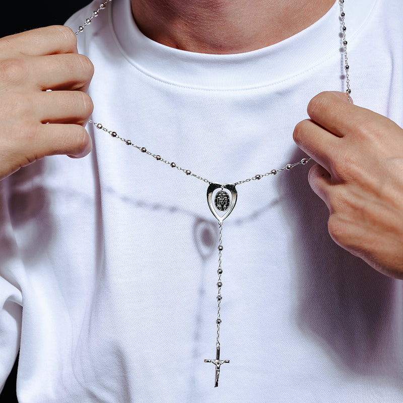 High Polished 925 Sterling Diamond Cut Beads Heart Virgin Mary Cross Rosary Necklace - DIN00113