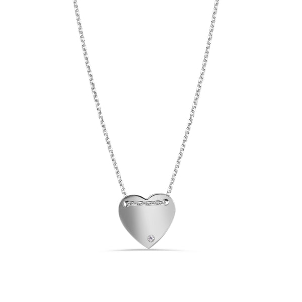 Rhodium Plated 925 Sterling Silver Engravable Heart Shaped Necklace with CZ - DIN00076RH