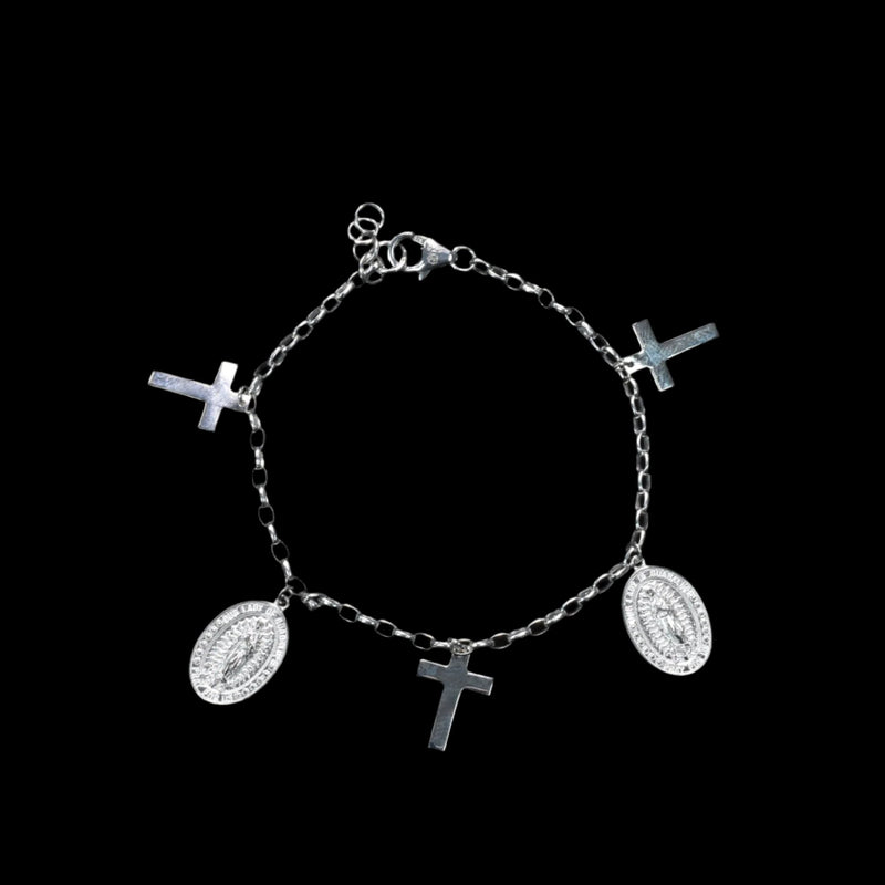 High Polished 925 Sterling Silver Guadalupe and Cross Adjustable Bracelet - DIB00081