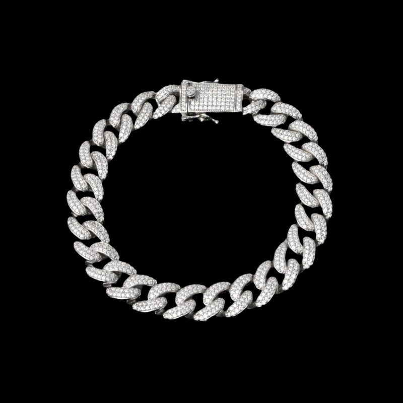 Rhodium Plated 925 Sterling Silver Moissanite Miami Cuban 9.5mm Bracelet or Necklace - MGMB00089