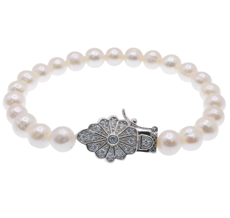 Silver 925 Rhodium Plated Flower CZ Fresh Water Pearl Bracelet - BGB00080