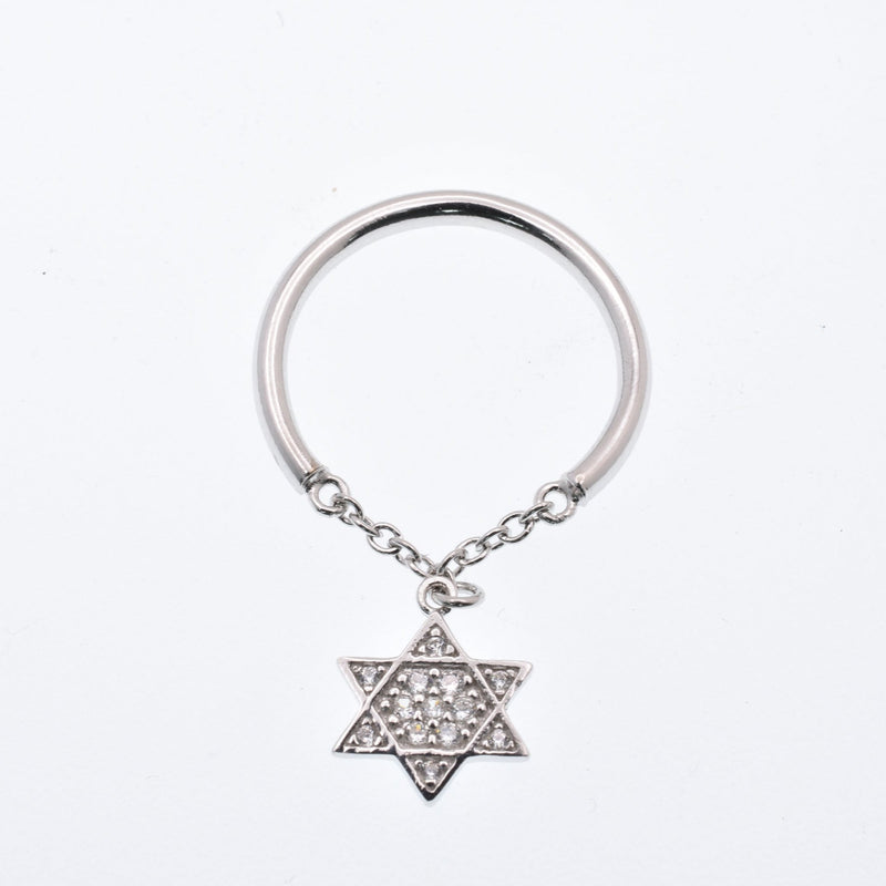 925 Sterling Silver Nickel Free Rhodium Plated Half Ring Chain Dangling Star of David Clear CZ Ring - STR01013