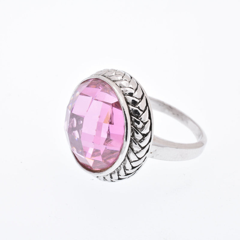 Rhodium Plated 925 Sterling Silver Dome Style Light Amethyst Pink Ring - STR00246