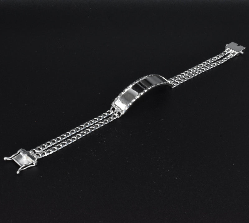 925 Sterling Silver Two Strand Curb 9.2mm Textured Border ID Bracelet - CDIB00026