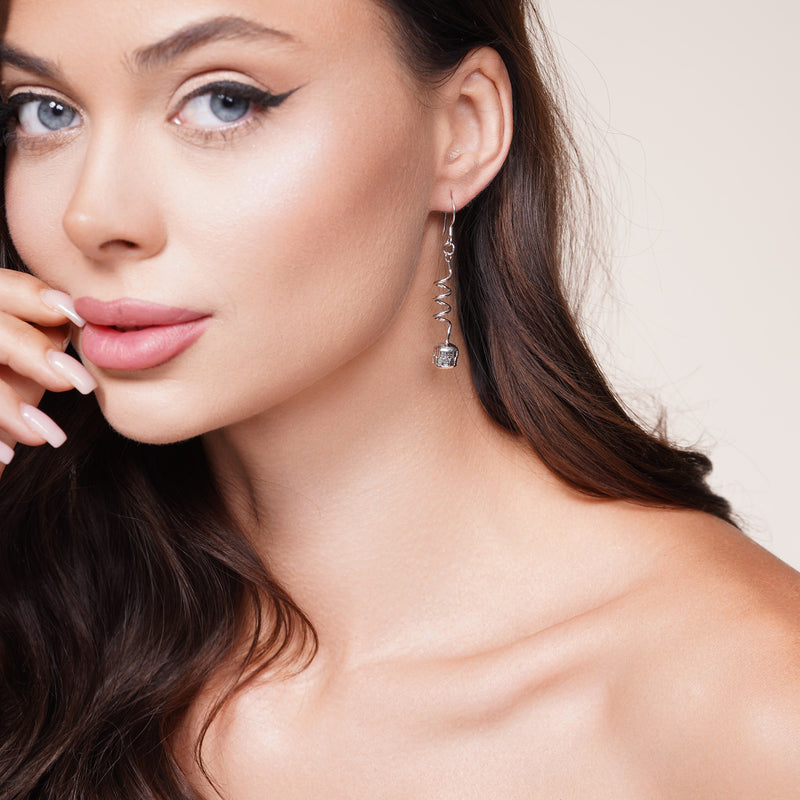 Silver 925 Rhodium Plated Dangling Twisted Wire Hanging Ball CZ Chandelier Hook Earrings - DSE00017