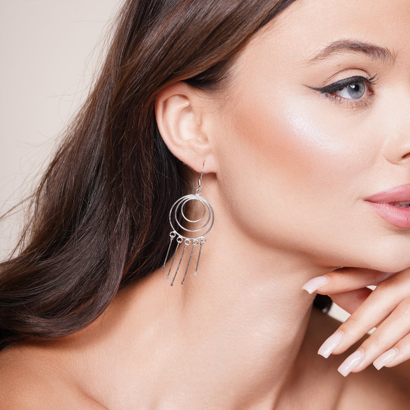 Silver 925 Rhodium Plated Multiple Graduated Open Circle Wire Dangling Hanging Teardrop Hook Earrings - DSE00019